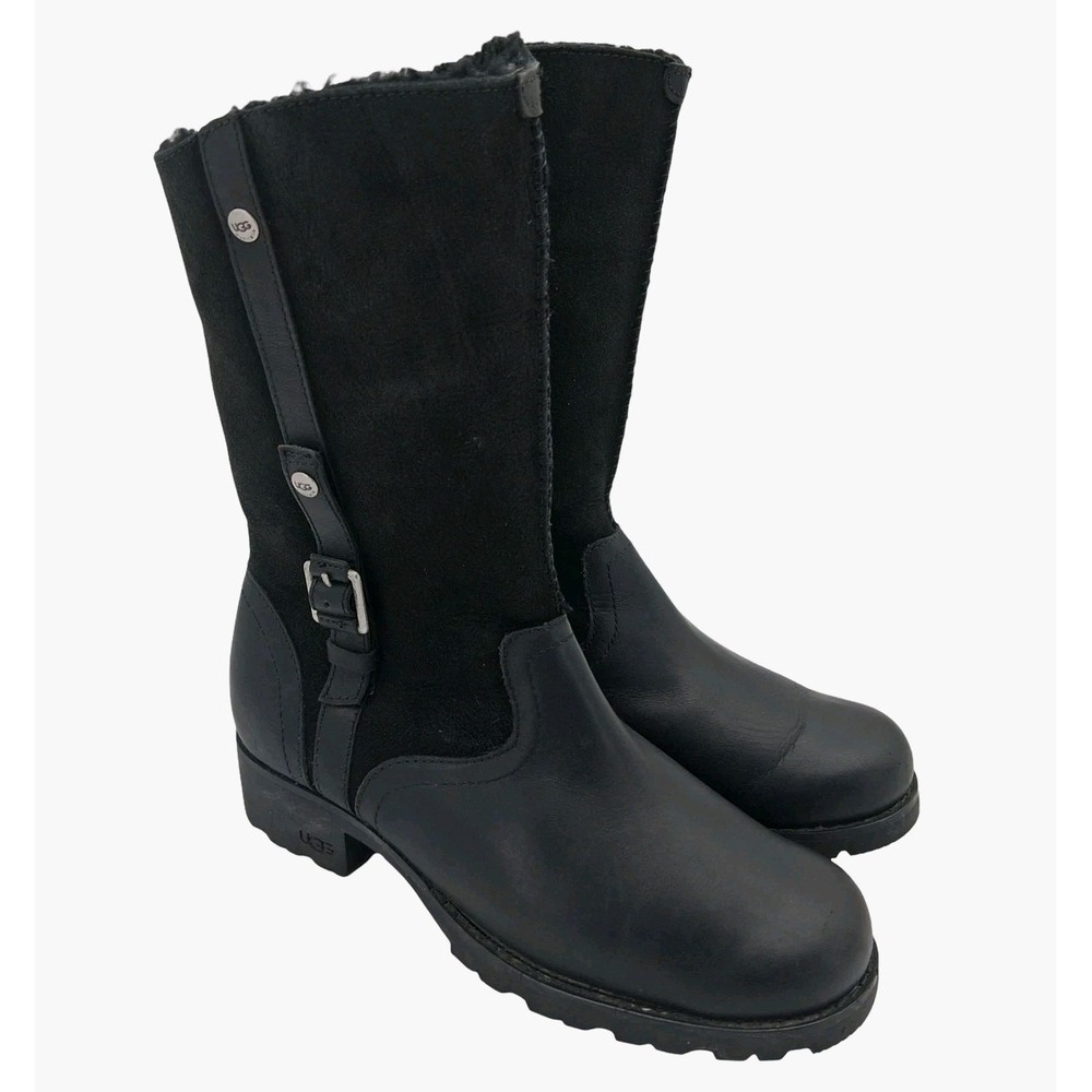 UGG Boots Womens Size 7 Black Leather Shearling Lined Mid Calf Zip Buckle 1914